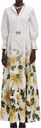 Oscar De La Renta Long Sleeve Chrysanthemum Fade Poplin Caft Dress In Yellow/white