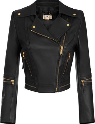 Elisabetta Franchi Leren Bikerjack - Dames - Leren en Su&egrave;de Jassen - Zwart - XL - Leer - Jassen