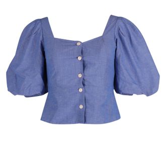 Sandro Sandro Mayan Puffed Sleeve Shirred Top in Blue Cotton
