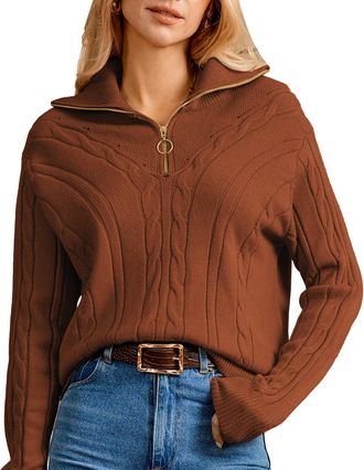 Grace Karin Womens Long Sleeve Quarter Zip Sweater Casual Fashionable Lapel Collar Brown XL