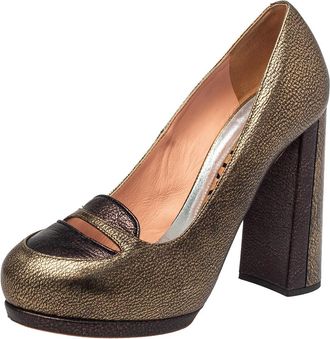 Rochas Metallic Bronze/brown Leather Block Heel Loafer Pumps
