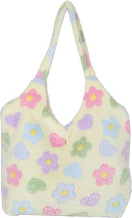 Generic Women Plush Shoulder Bag Flower Pattern Versatile Shopping Bag Large Capacity Casual Tote Handbag Soft Girls Winter Bag (Beige)