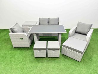 Fimous Outdoor Rattan Garden Furniture Dining Set 7-seater with Side Table in Light Grey