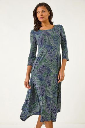 Roman Leaf Puff Print Hanky Hem Midi Dress