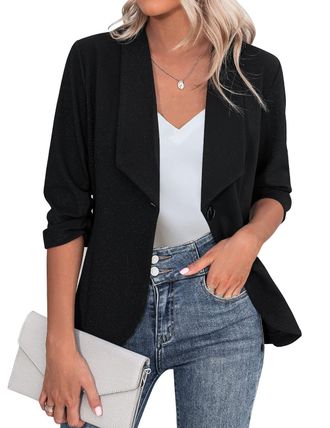 Zeagoo Womens Black Blazer, Size S, 3/4 Sleeve, Slim Fit, Classic Style, Business, Office, Holiday, Solid Color, Polyester Blend, Chiffon/95%, Spandex/5%