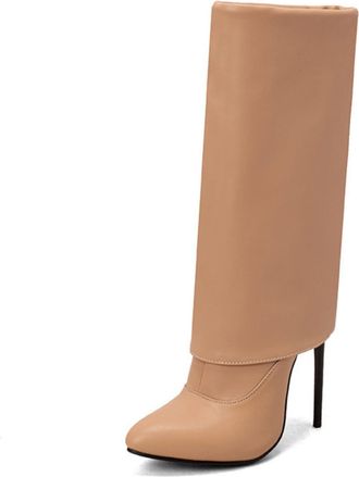Generic Womens PU Leather Long Boots with Side Zipper Pointed Toe Fold-Over Boots Stiletto High Heel Mid-Calf Boot,Apricot,2.5 UK
