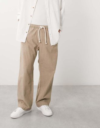 Abercrombie & Fitch Pantaloni ampi in seersucker beige a righe in misto cotone-Neutro