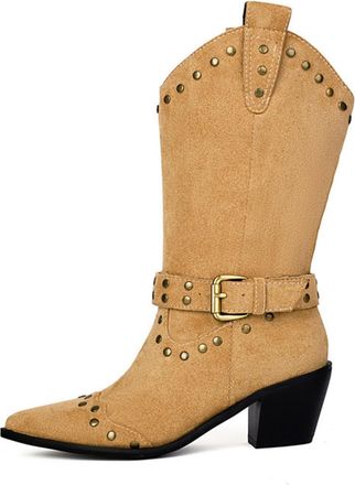 Generic Womens Retro Western Knee High Boots With Studs Buckle Suede-Like Comfortable Slip Resistant Durable For Casual Daily Streetwear Fall Winter,Yellow,8.