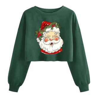 Generic Christmas Sweatshirts for Women Funny Graphic Long Sleeve Shirts Cropped Tops Christmas Tree Red Wine Glasses Santa Print Crewneck Cute Xmas Holiday P