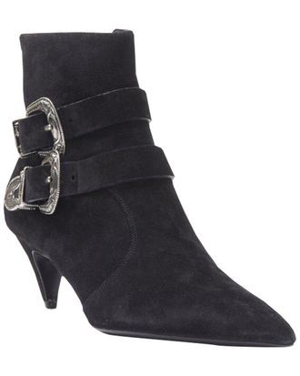 Saint Laurent Womens Suede Charlotte Suede Silver Western Buckle Bootie (Authentic Pre-Loved)