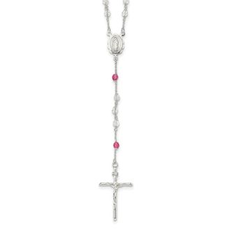 Diamond2Deal Sterling Silver Polished Crystal Rose Quartz Rosary Necklace 21.5