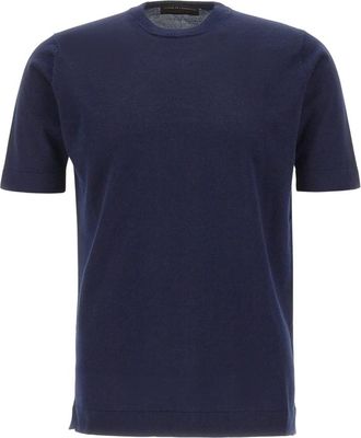 FILIPPO DE LAURENTIIS Katoenen-Kasjmier Gebreide T-shirt - Heren - Ronde hals truien - Blauw - M - Katoen - Truien & Vesten