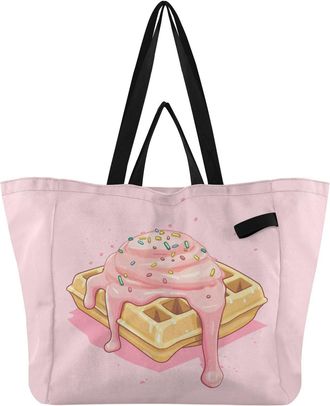 Generic Pink Ice Cream pattern Reusable Canvas Tote Bag, Heavy Duty Grocery Shopping Bag with Hard Bottom Large Capacity Double Handles Work Groceries Travel