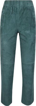 Via Masini 80 Groene Su&egrave;de Broek met Elastische Taille - Dames - Straight fit broeken - Groen - 2XS - Su&egrave;de - Broeken