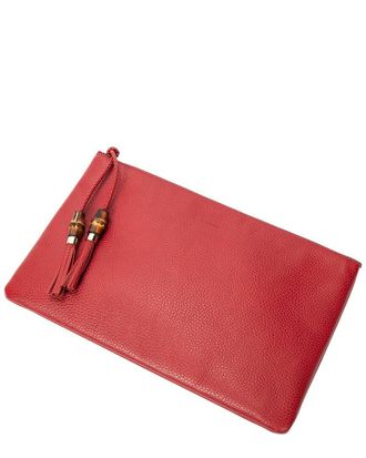 Gucci Red Grained Calfskin Leather Bamboo Tassel Zip Clutch (Authentic Pre- Loved)