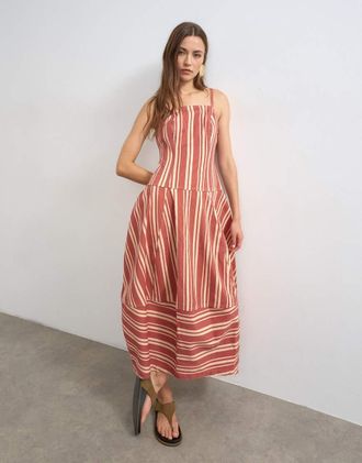Topshop Vestito lungo bombato in denim rosso a righe