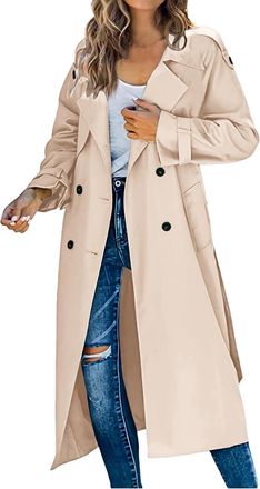 Generic DUHENWU Womens Solid Windbreaker Lapel Long Sleeve Windbreaker Double Breasted Windproof Trench Coat Lightweight long jacket Outerwear with Belt Khaki