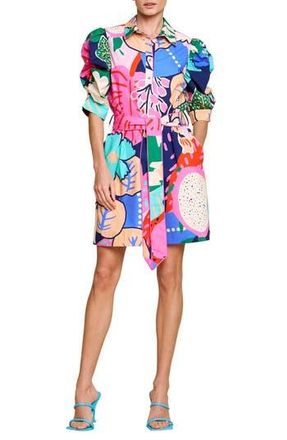 Ciebon Scarlette Tie Belt Button Front Minidress in Pink Multi at Nordstrom Rack, Size Medium