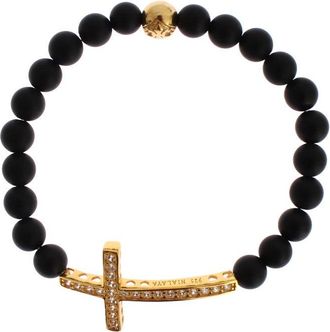 Nialaya Matte Onyx Steen Gouden CZ Kruis 925 Zilveren Armband