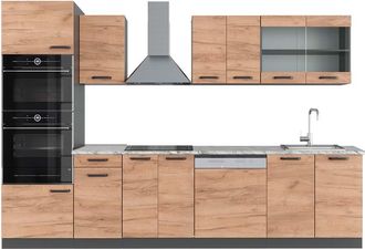 Vicco Mueble De Cocina R-line, Oro Power Roble/antracita, 300 Cm Con Armario Alto, Et M&aacute;rmol