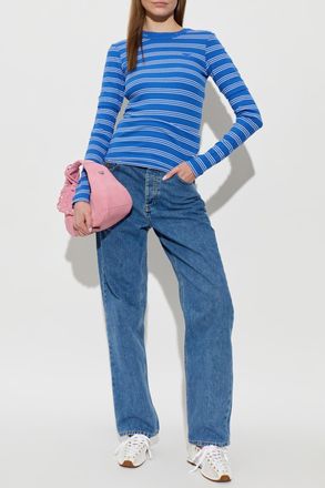 Ganni Ribbed Top With Striped Pattern, Womens, Blue