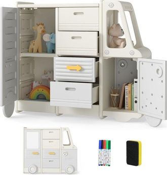 Costway Organizzatore per Giocattoli per Bambini, Scaffale Portagiochi a Forma d Autobus con 1 Lavagna, 4 Cassetti e 2 Armadi, Contenitori
