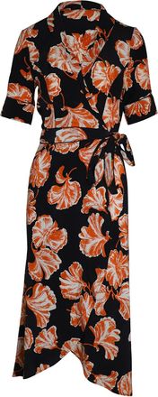 Ganni Ganni Midi Wrap Dress in Black and Orange Silk