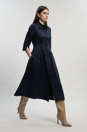 Karen Millen Womens Tailored Linen Darted Waist Midi Dress - Navy Lyocell - Size 12 UK