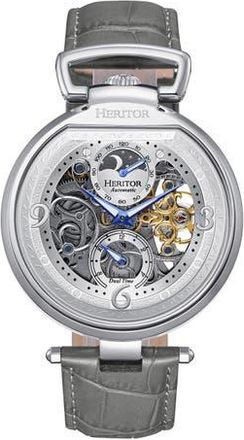 Heritor Lincoln Leather-Band Skeleton Watch with Moon Phase in Grey at Nordstrom