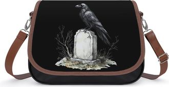 Generic Raven Standing on Tombstone Crossbody Bag Womens Handbag PU Message Bags Shoulder Purse with Adjustable Strap