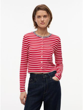 Tommy Hilfiger Womens Tommy Jeans Slim Fit Rib-Knit Cardigan - Amaryllis Red / Stripe - XL