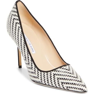 Manolo Blahnik BB Pointed Toe Raffia Pump in Ivory/Black at Nordstrom, Size 10.5Us