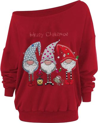 Generic Christmas Off Shoulder Sweatshirts for Women UK Xmas Jumper Tops Red Wine Glass Print Pullover Long Sleeve Blouse Casuals Party Costumes Winter Ladies