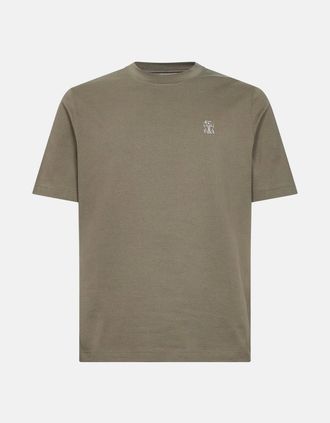 Brunello Cucinelli Mens Branded Cotton T-Shirt Khaki - Black - Size: 38