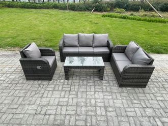 Fimous 6 Seater Outdoor Rattan Garden Furniture Set Rattan Lounge Sofa Set with Rectangular Coffee Table Reclining Chair Dark Grey Mixed