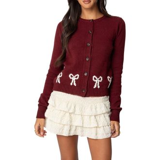 Edikted Rona Intarsia Bow Cardigan in Burgundy at Nordstrom, Size X-Large