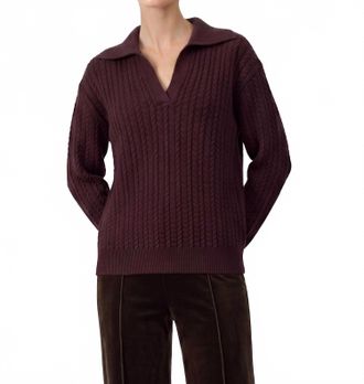 Current Air Open Collar Cable Knit Sweater In Cherry Lacquer