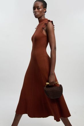 Karen Millen Womens Petite Pointelle Frill Sleeve Knit Midi Dress - Rust Cotton - Size X-Small