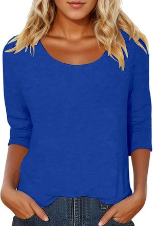 Generic DFEK 3/4 Sleeve Tops for Women UK, Scoop Neck T-Shirt Solid Color Soft Cotton Casual Basic Tee Top for Women, Long Sleeve Loose Fit Comfortable Blouse