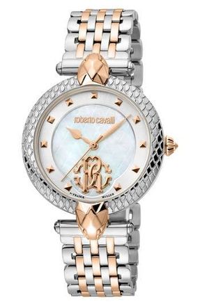 Roberto Cavalli Two-Tone Mother-of-Pearl Dial Bracelet Watch, 34mm in Two Tone Silver /Rose Gold at Nordstrom Rack