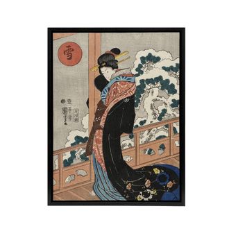 Artery8 Beauty on Veranda Vintage Japan Ukiyo E Kuniyoshi Framed Canvas Art | Size: W24 x H32