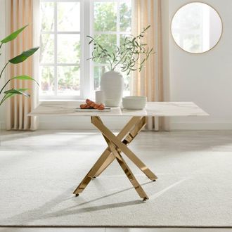 Furniturebox Leonardo 6-Seater Dining Table With Marble Effect Glass Top & Gold Metal Legs in White