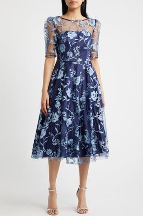 Eliza J Embroidered Floral Cocktail Midi Dress in Navy Blue at Nordstrom, Size 12