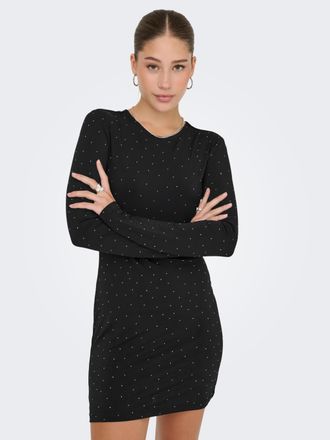 Only Minikleid ONLY ONLZITA L/S O-NECK SHORT DRESS BF JRS, Damen, Gr. XS, N-Gr, schwarz detail:silber rhinestones, Jersey, Obermaterial: 96% Polyester, 4% 