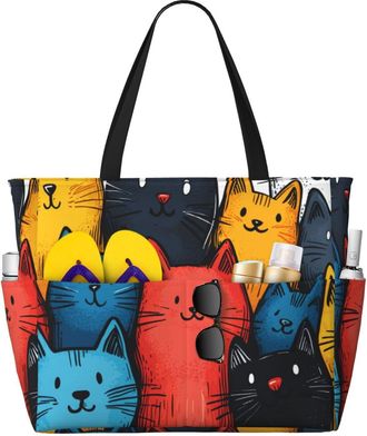 Generic Cute Cat Print Large Beach Bag Foldable Travel Shoulder Tote Bag With Pocket For Weekender Pool Vacation