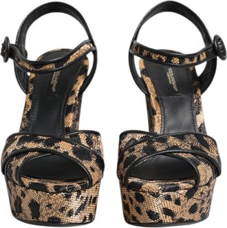 Dolce & Gabbana Brown Leopard Wedges Ankle Strap Sandals Womens Shoes