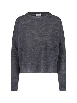 Maryya Grey Virgin Wool Patch-Pocket Crewneck Sweater