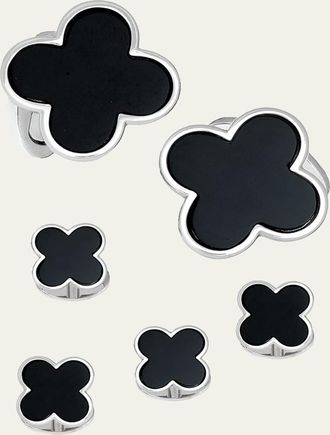 Jan Leslie Classic Clover Onyx Cufflinks Studs Set