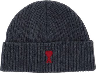 Ami Beige Ami de Coeur Ribbed Wool Beanie