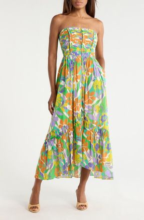 Ramy Brook Murphy Floral Strapless Pliss&eacute; Maxi Dress in Retro Garden at Nordstrom Rack, Size X-Small